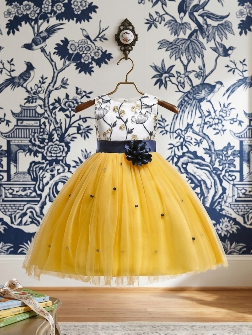 Curtsy&Bows Embroidered Floral Bodice w/Yellow Beaded Tulle Skirt, Size 5, NWT